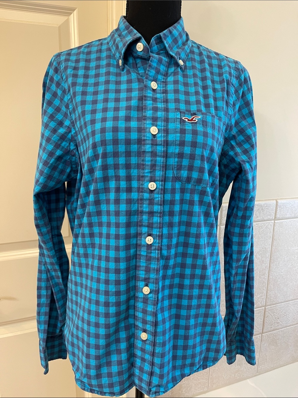 Hollister Small Teal and Blue Plaid Button-Down Shirt